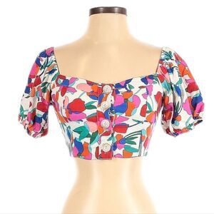 OLIVACEOUS Floral Linen Puff Sleeve Crop Top S